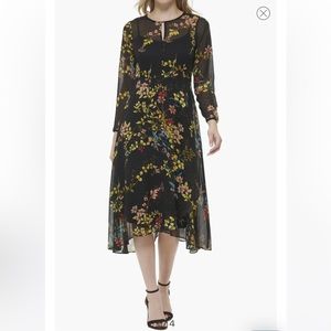 Tommy Hilfiger Zelda Black Floral Long Sleeve Chiffon Dress High Low Midi formal